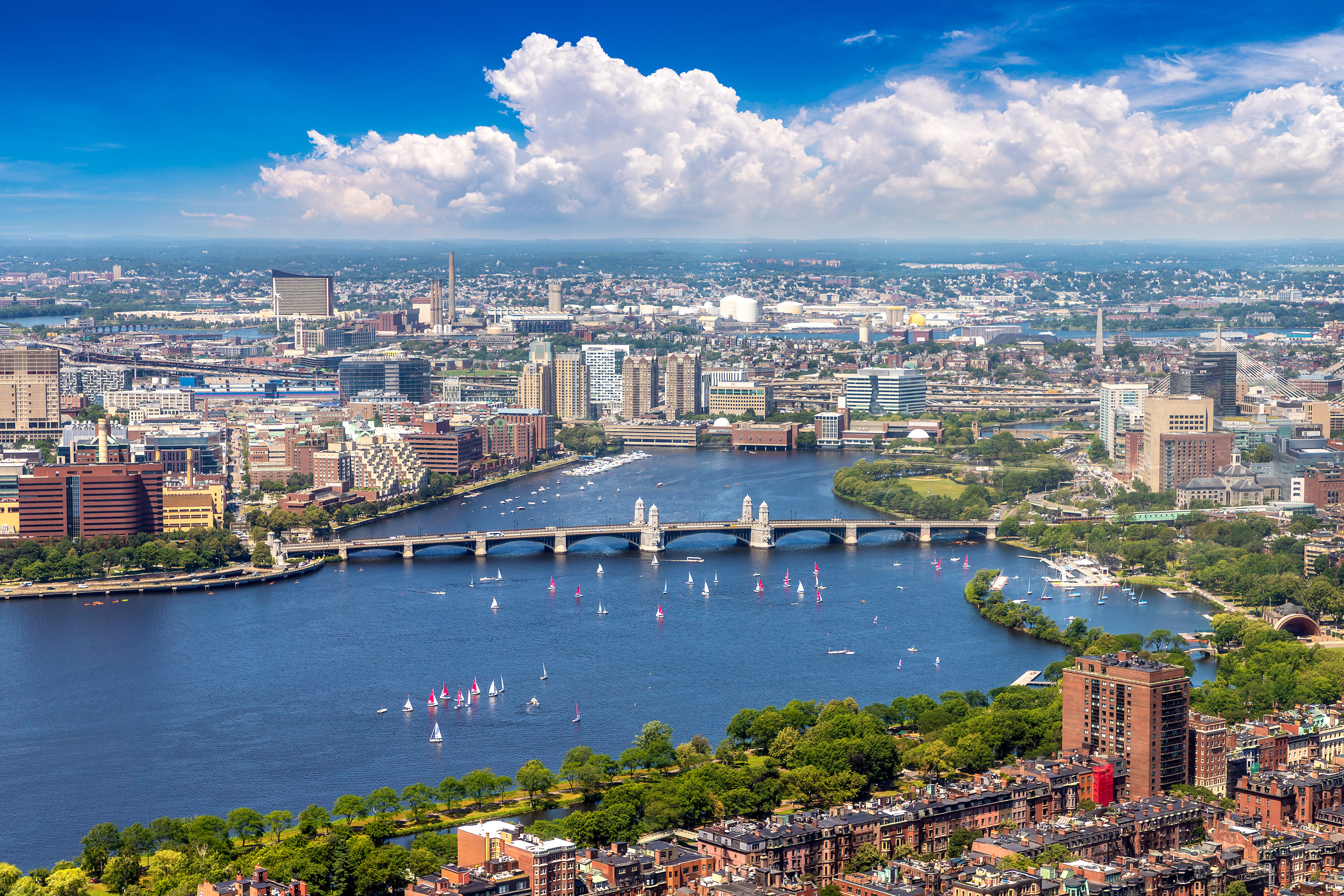 Aerial view of the Charles River, the Longfellow Bridge, and the Back Bay skyline on a summer day